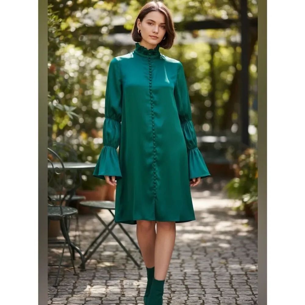 NEW Rich Fashion Green Mock Neck Long Sleeve Satin Shirt Tunic Mini dress 2